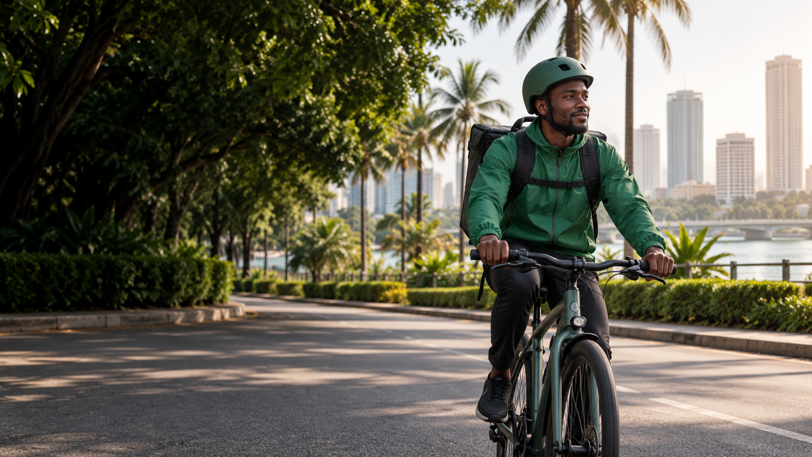 Cycliste livreur dans un environnement urbain verdoyant